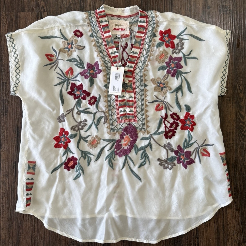 Biya by Johnny Was Small Zazu Cupra Blouse White Floral Embroidered Boho Top - Picture 2 of 9